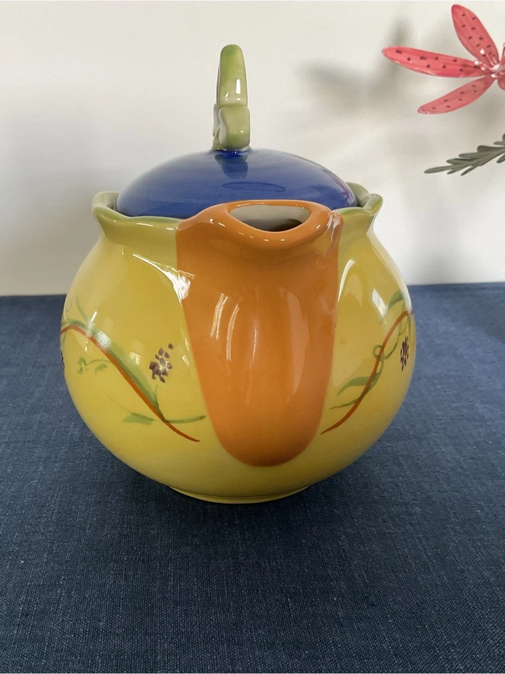 Discontinued Pfaltzgraff Pistoulet by Jane Koplen Ceramic Teapot with Blue Lid